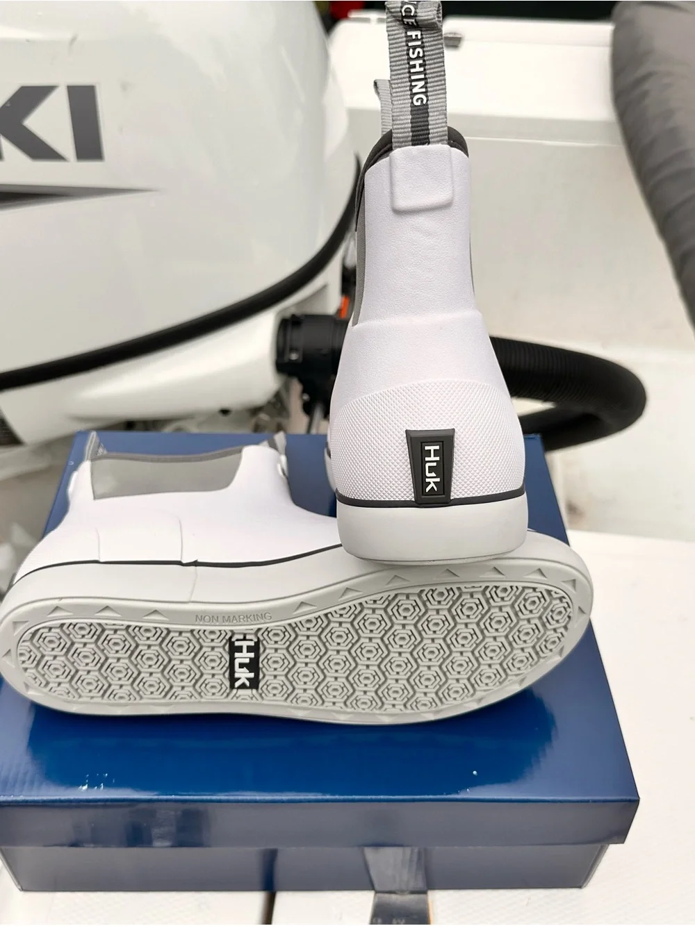 Huk White and Gray Slip-On Deck Boots